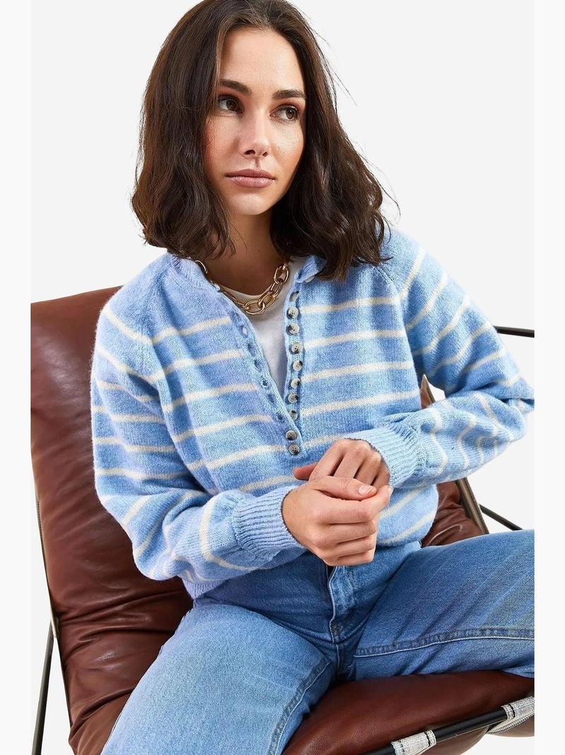 Camisola de malha com gola com botões lucci Azul-céu - Kiabi