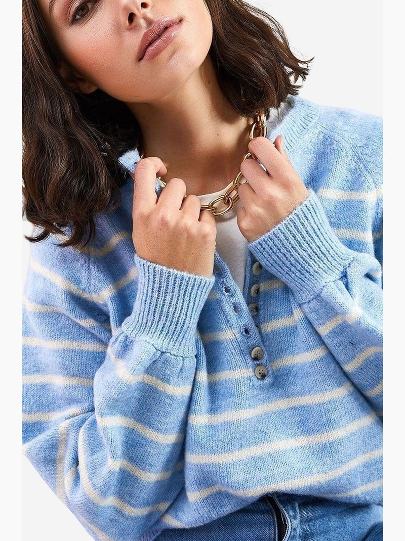Camisola de malha com gola com botões lucci Azul-céu - Kiabi