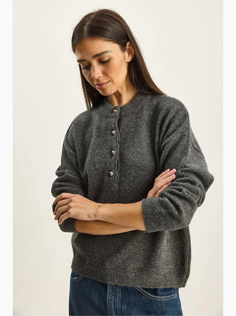 Camisola de malha com gola com botões lucci Cinza-preto - Kiabi