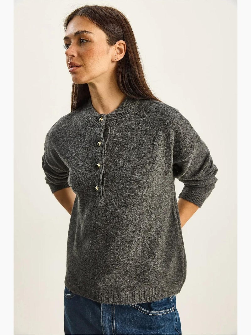 Camisola de malha com gola com botões lucci Cinza-preto - Kiabi
