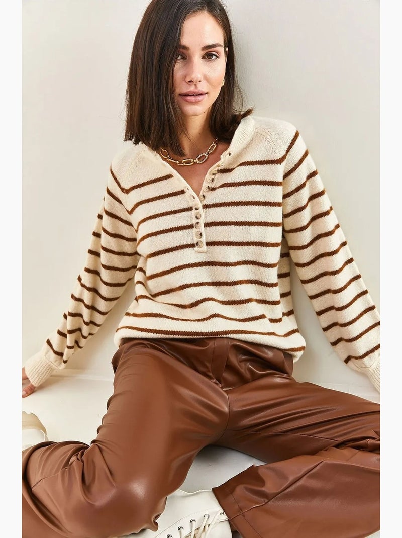 Camisola de malha com gola com botões lucci Ecru/Castanho - Kiabi