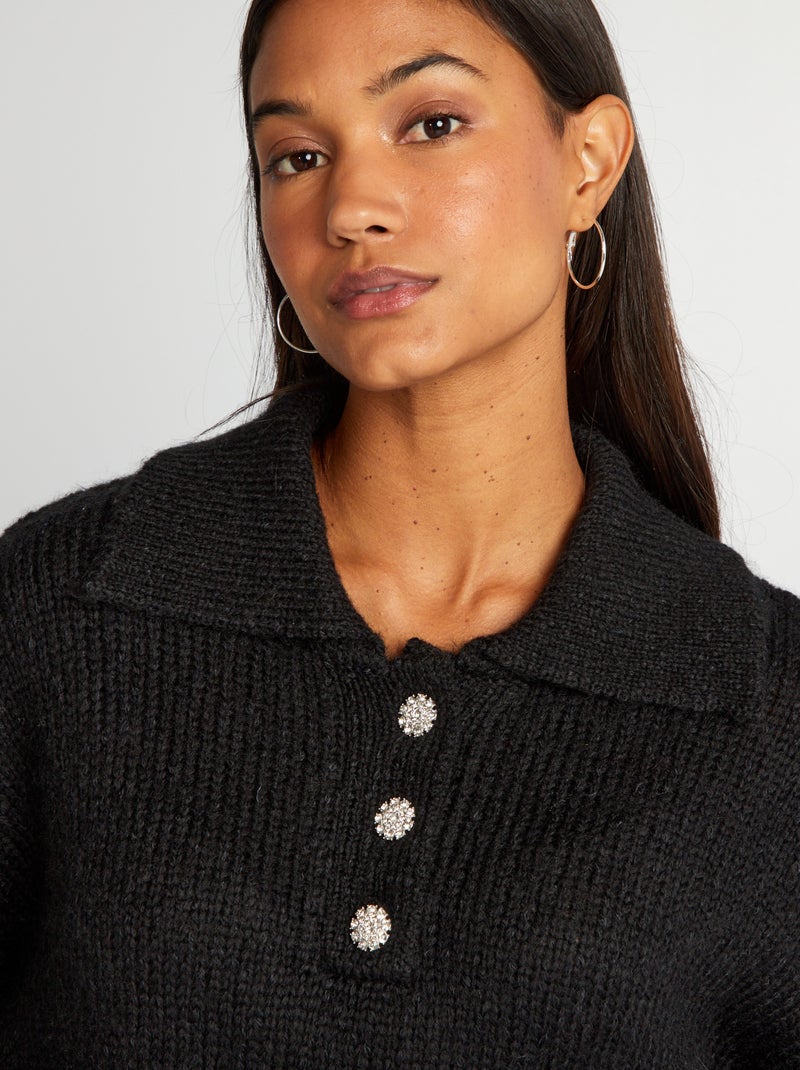 Camisola de malha com gola com botões Preto - Kiabi