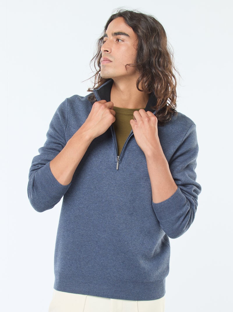 Camisola de malha com gola de fecho Azul - Kiabi