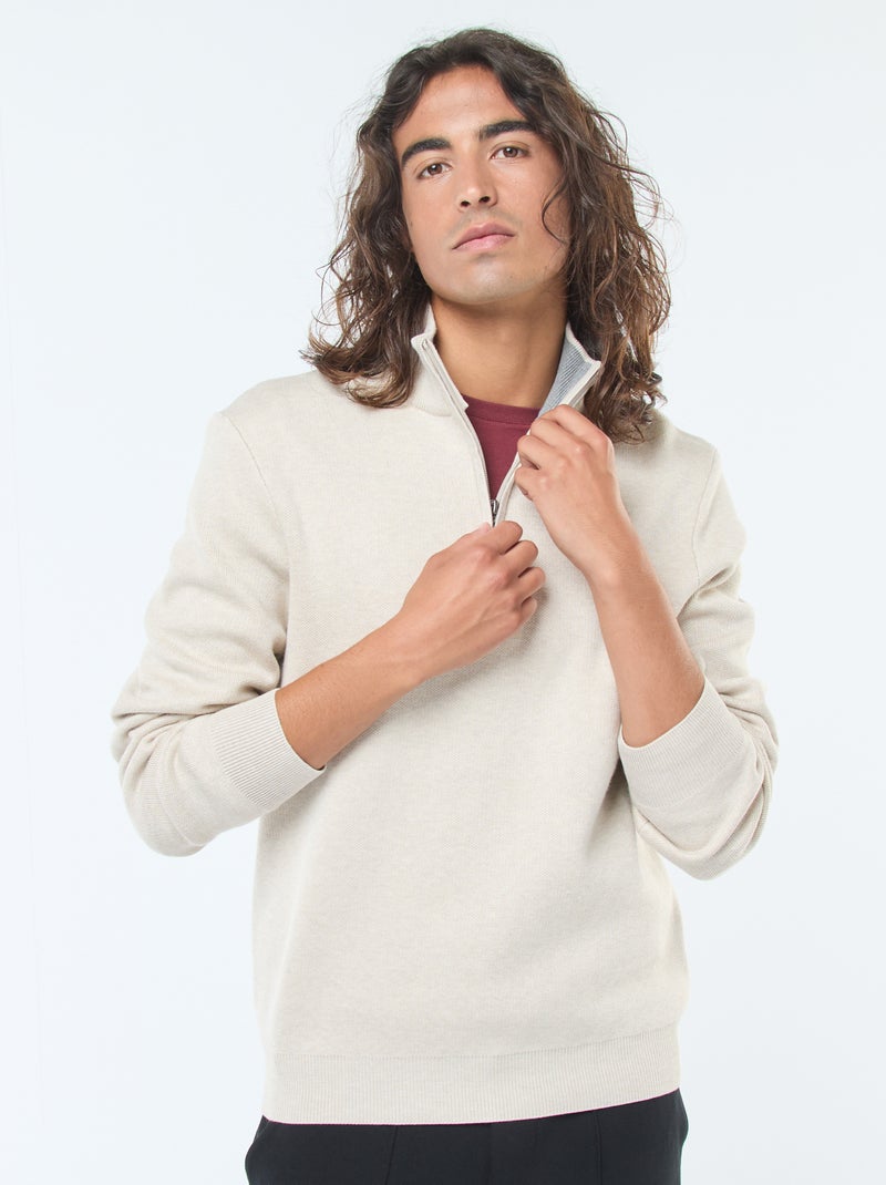 Camisola de malha com gola de fecho Bege - Kiabi