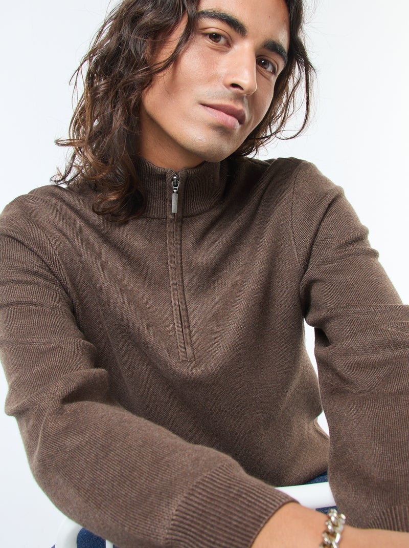 Camisola de malha com gola de fecho Castanho - Kiabi