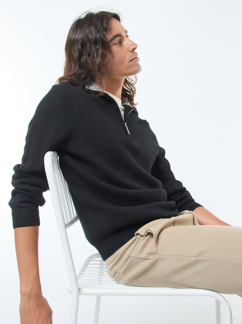 Camisola de malha com gola de fecho Preto - Kiabi