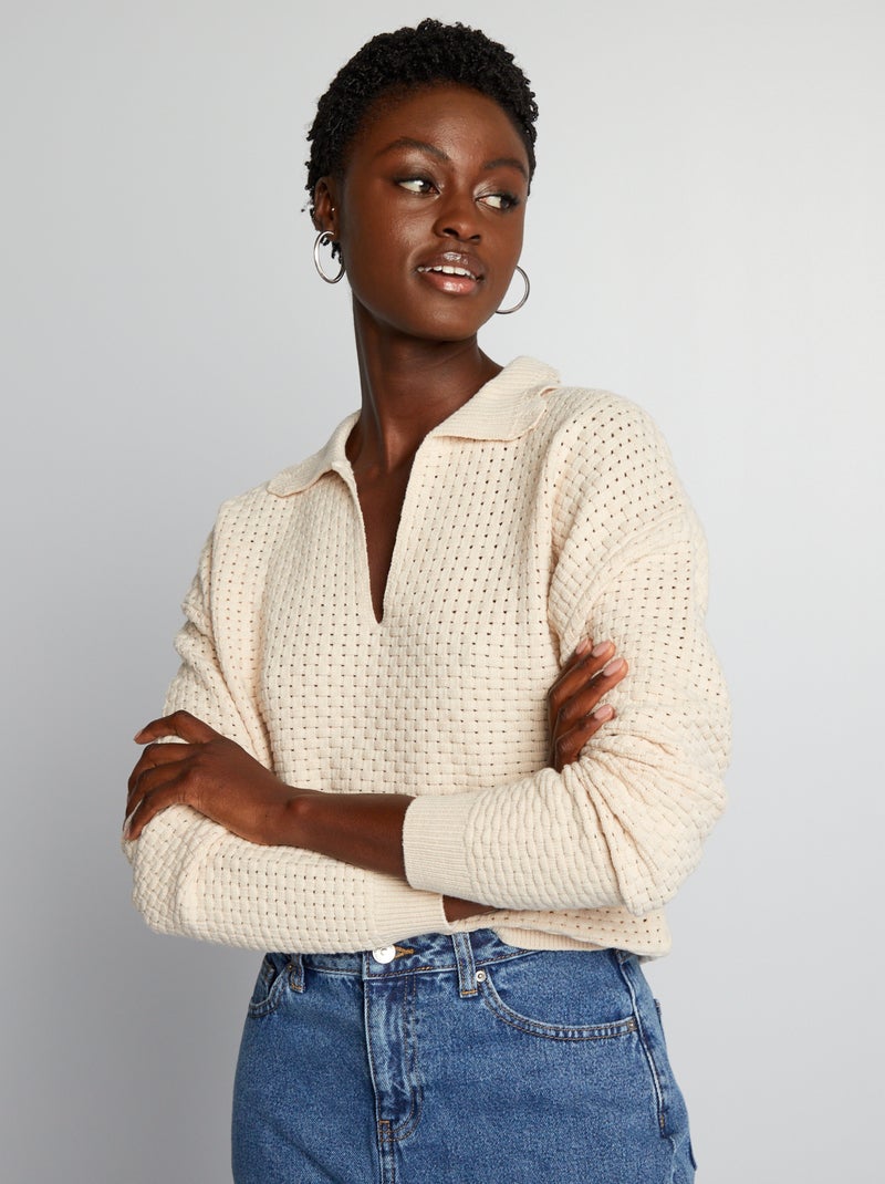 Camisola de malha com gola de polo BRANCO - Kiabi