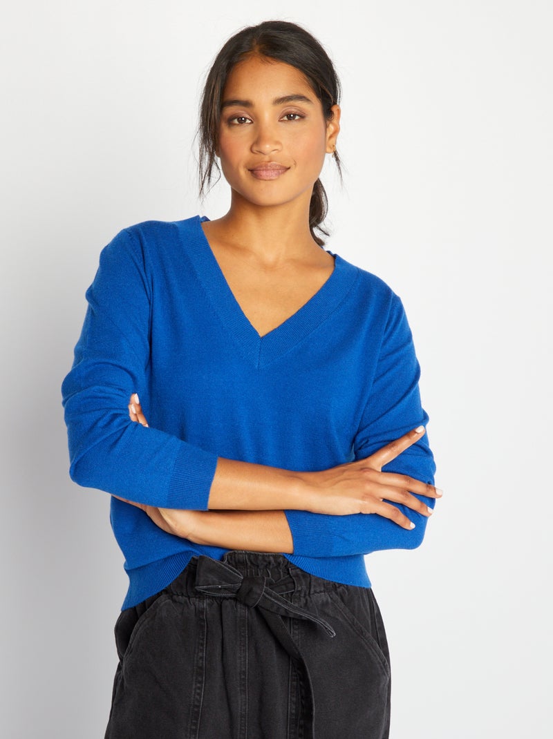 Camisola de malha com gola em bico Azul - Kiabi