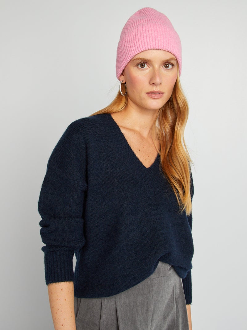 Camisola de malha com gola em bico AZUL - Kiabi