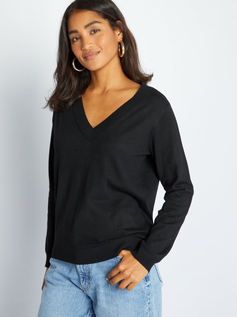 Camisola de malha com gola em bico Preto - Kiabi