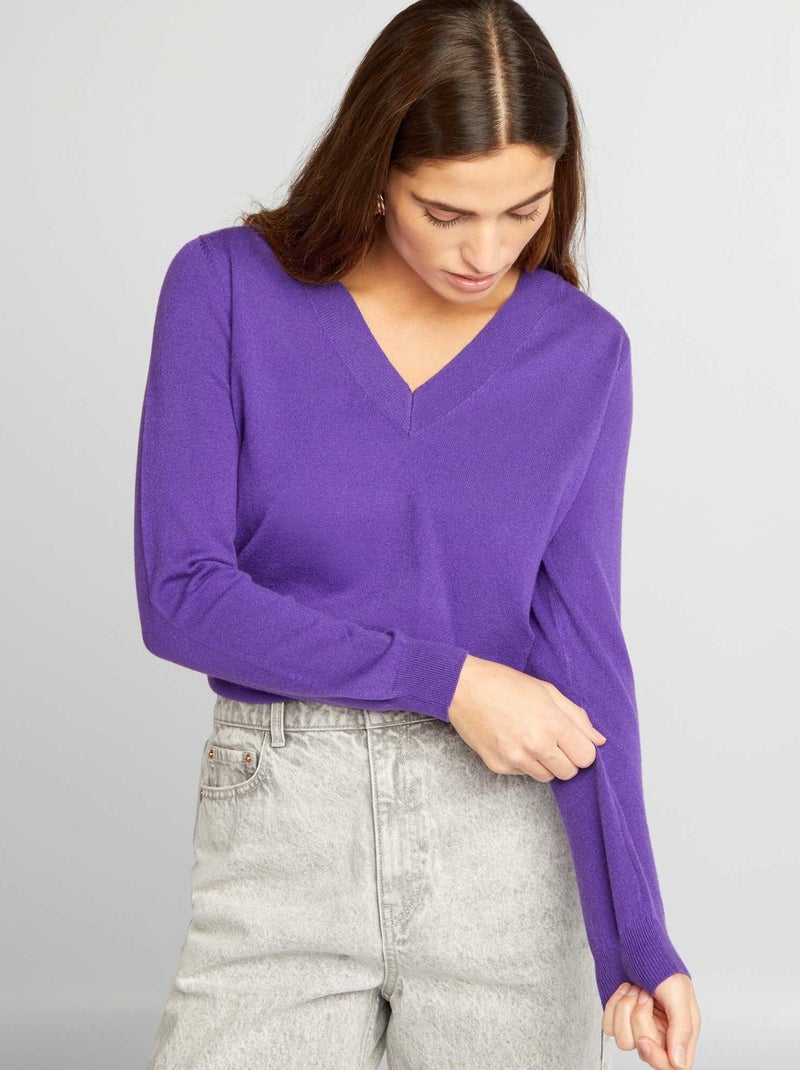 Camisola de malha com gola em bico Roxo - Kiabi