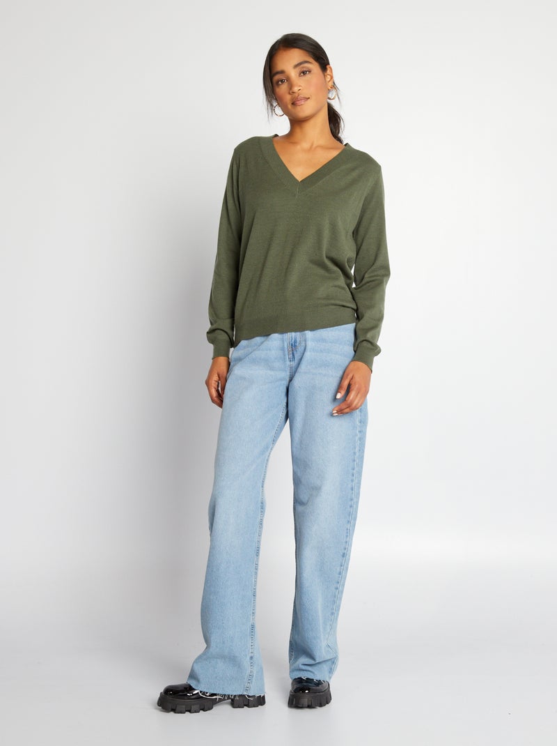 Camisola de malha com gola em bico VERDE - Kiabi