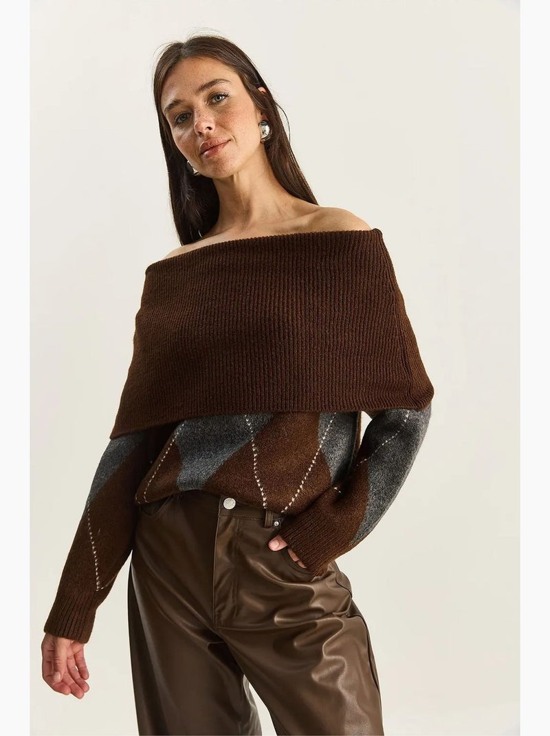 Camisola de malha com gola madonna e padrão baklava lucci Castanho-avelã - Kiabi