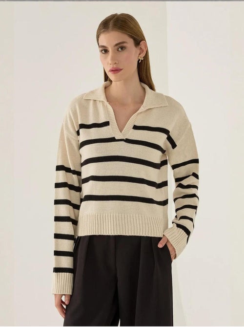 Camisola de malha com gola polo às riscas - Kiabi Camisola de malha com gola polo às riscas - Kiabi