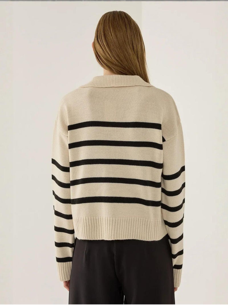 Camisola de malha com gola polo às riscas hiccup Bege natural - Kiabi