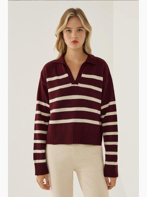 Camisola de malha com gola polo às riscas hiccup - Kiabi Camisola de malha com gola polo às riscas hiccup - Kiabi