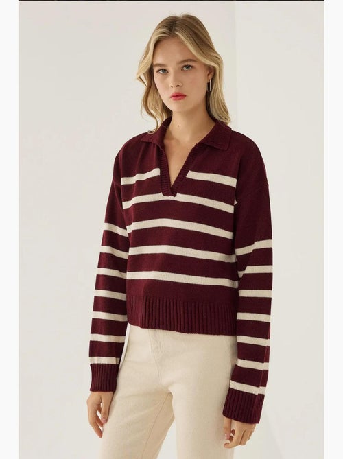 Camisola de malha com gola polo às riscas hiccup - Kiabi Camisola de malha com gola polo às riscas hiccup - Kiabi