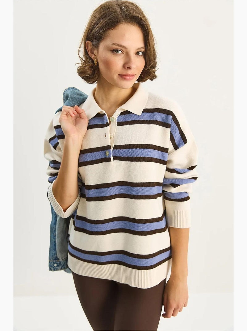 Camisola de malha com gola polo e manga comprida lucci Creme - Kiabi