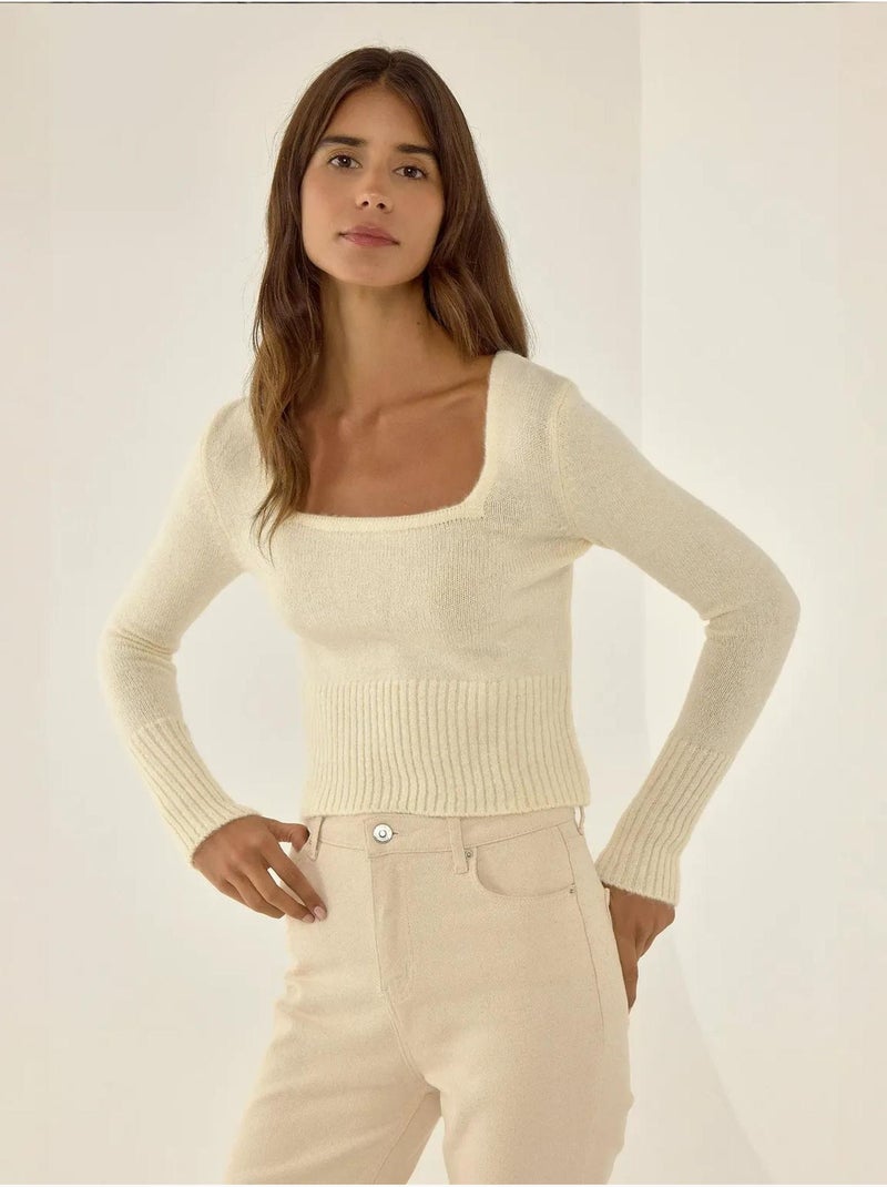 Camisola de malha com gola quadrada e detalhe canelado Bege natural - Kiabi