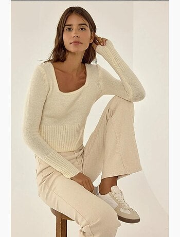 Camisola de malha com gola quadrada e detalhe canelado hiccup