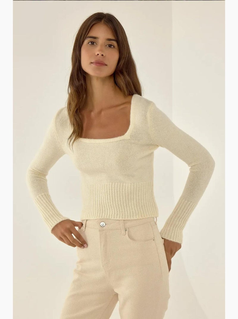 Camisola de malha com gola quadrada e detalhe canelado hiccup Bege natural - Kiabi