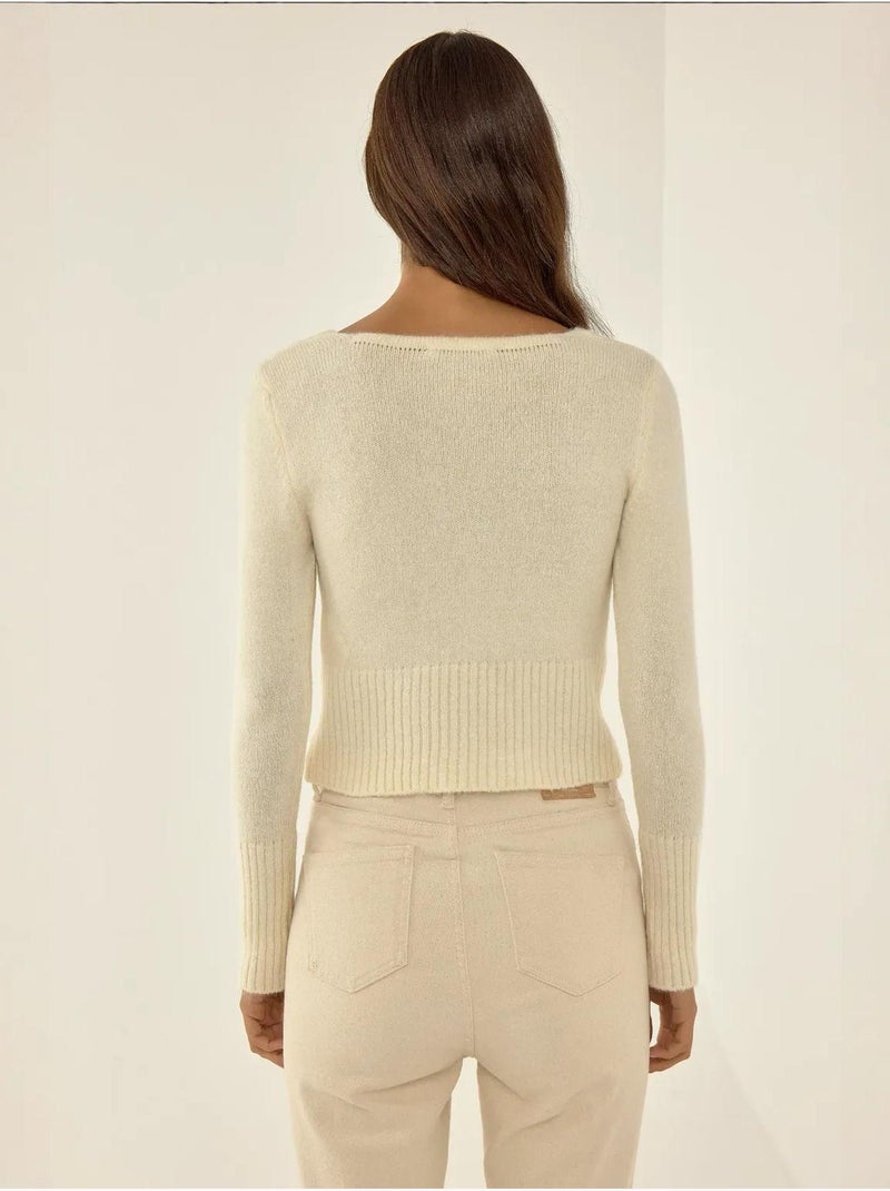 Camisola de malha com gola quadrada e detalhe canelado hiccup Bege natural - Kiabi