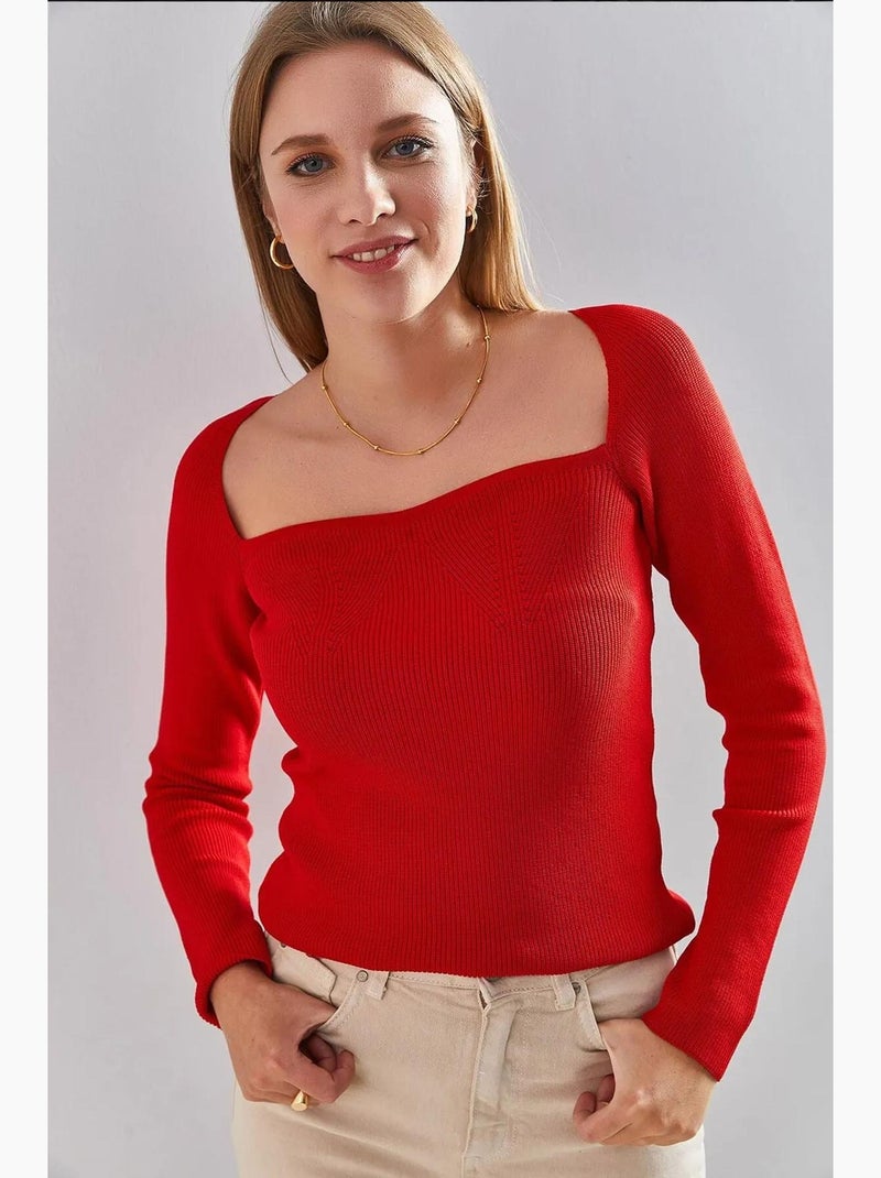 Camisola de malha com gola quadrada lucci Vermelho - Kiabi