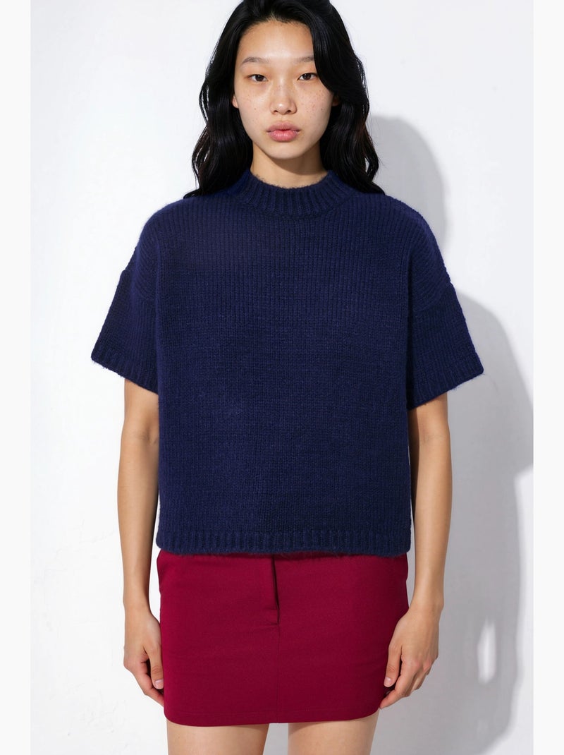 Camisola de malha com gola redonda e corte relaxado hiccup Azul-marinho - Kiabi