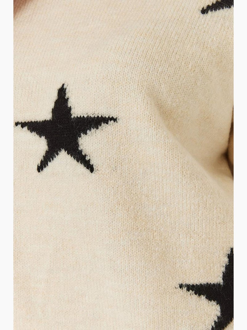 Camisola de malha com gola redonda e estampado de estrelas lucci Creme - Kiabi