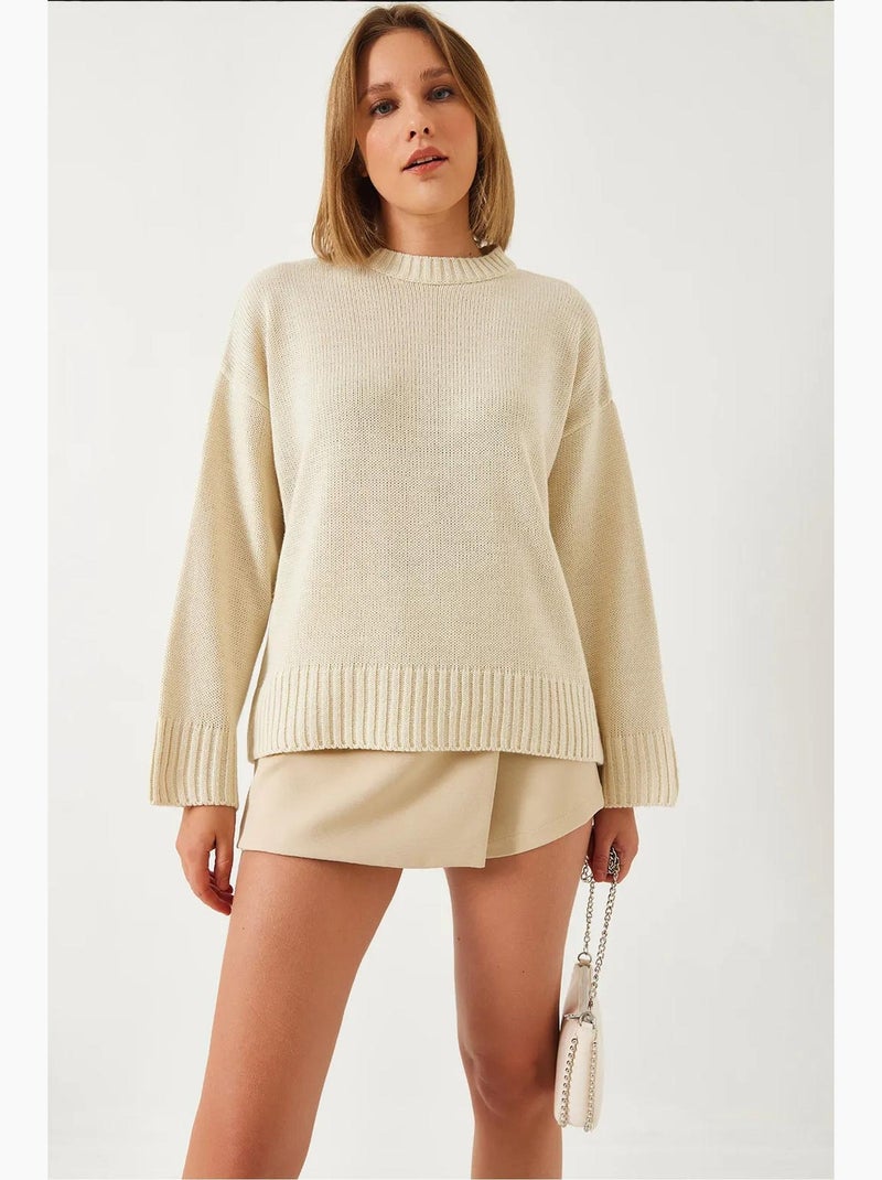 Camisola de malha com gola redonda lucci Bege-argila - Kiabi