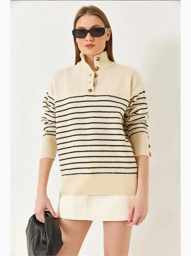 Camisola de malha com manga abotoada lucci Creme - Kiabi