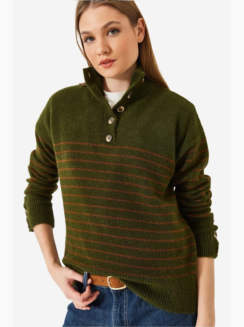 Camisola de malha com manga abotoada lucci Verde oliva - Kiabi