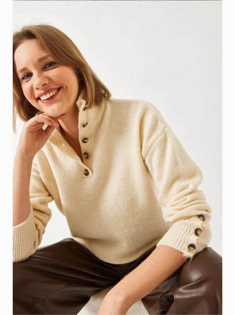 Camisola de malha com mangas abotoadas lucci Bege-argila - Kiabi