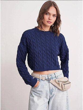Camisola de malha com padrão de tranças e decote redondo mixray