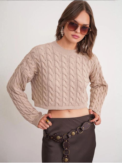 Camisola de malha com padrão de tranças e decote redondo mixray - Kiabi Camisola de malha com padrão de tranças e decote redondo mixray - Kiabi