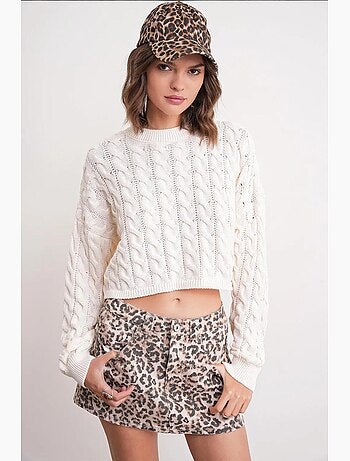 Camisola de malha com padrão de tranças e decote redondo mixray