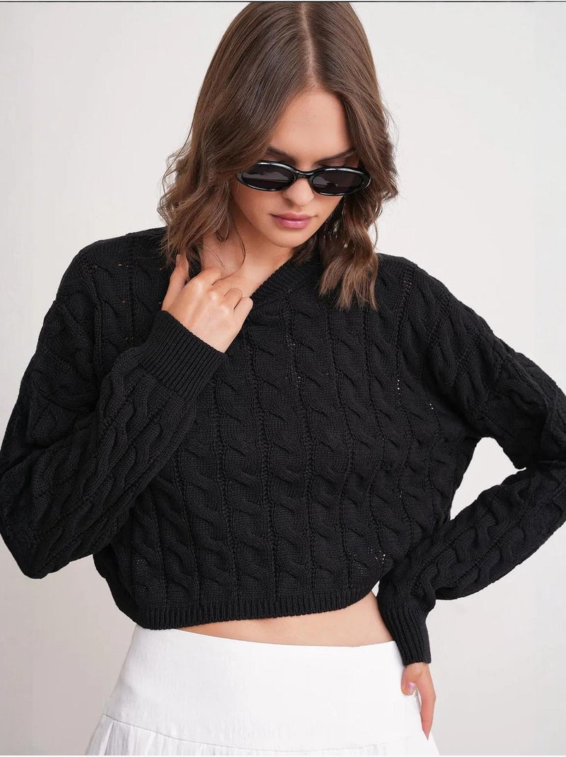 Camisola de malha com padrão de tranças e decote redondo mixray Preto - Kiabi