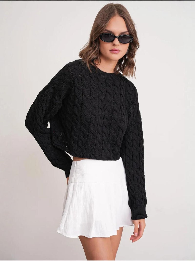 Camisola de malha com padrão de tranças e decote redondo mixray Preto - Kiabi