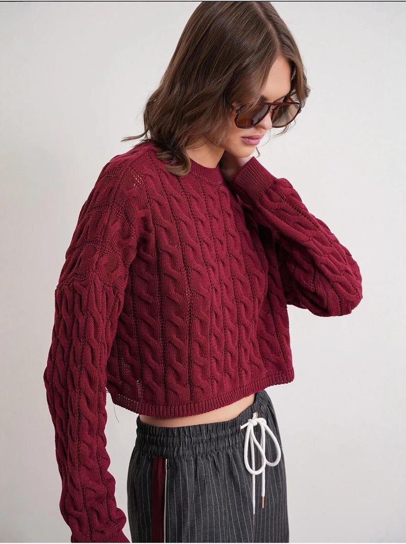 Camisola de malha com padrão de tranças e decote redondo mixray Vermelho bordô - Kiabi