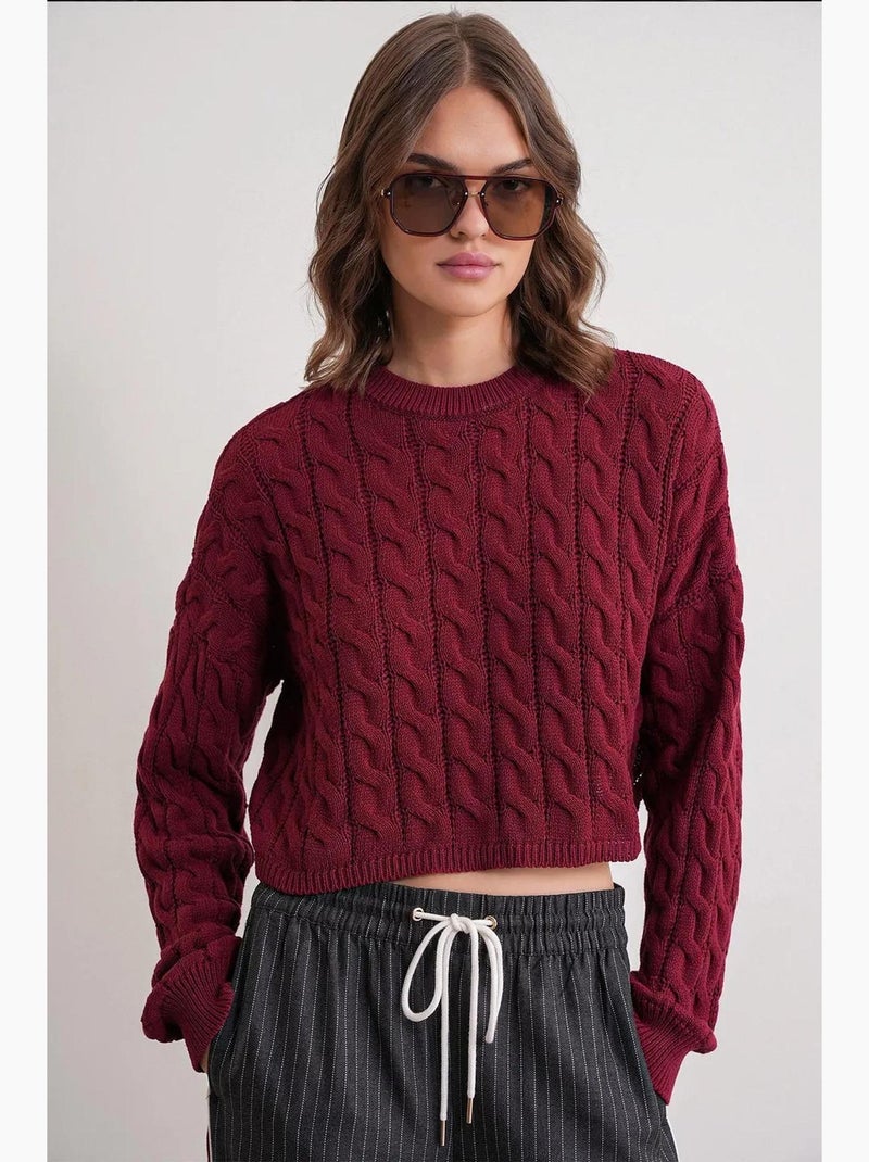 Camisola de malha com padrão de tranças e decote redondo mixray Vermelho bordô - Kiabi