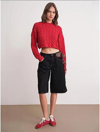 Camisola de malha com padrão de tranças e decote redondo mixray