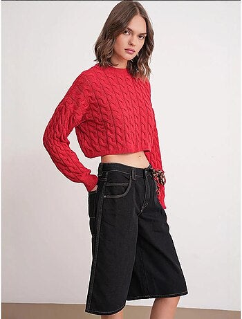 Camisola de malha com padrão de tranças e decote redondo mixray
