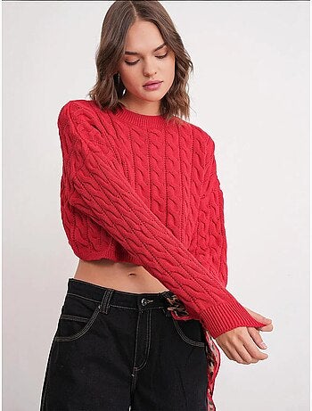 Camisola de malha com padrão de tranças e decote redondo mixray