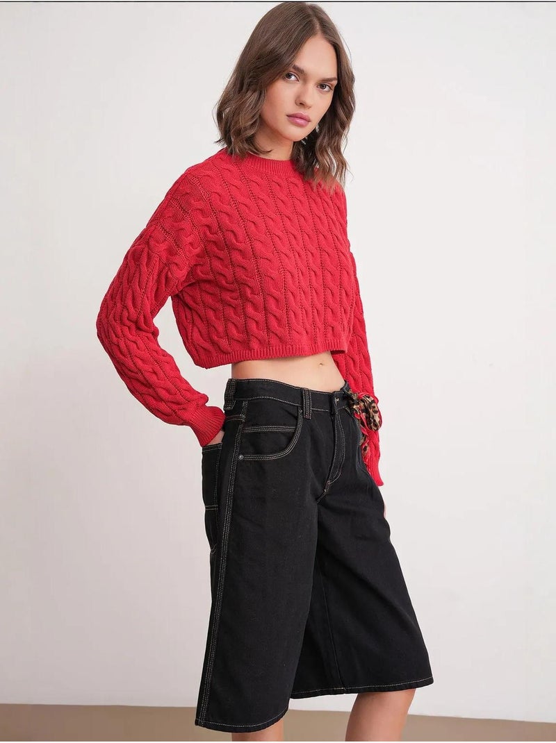 Camisola de malha com padrão de tranças e decote redondo mixray Vermelho - Kiabi