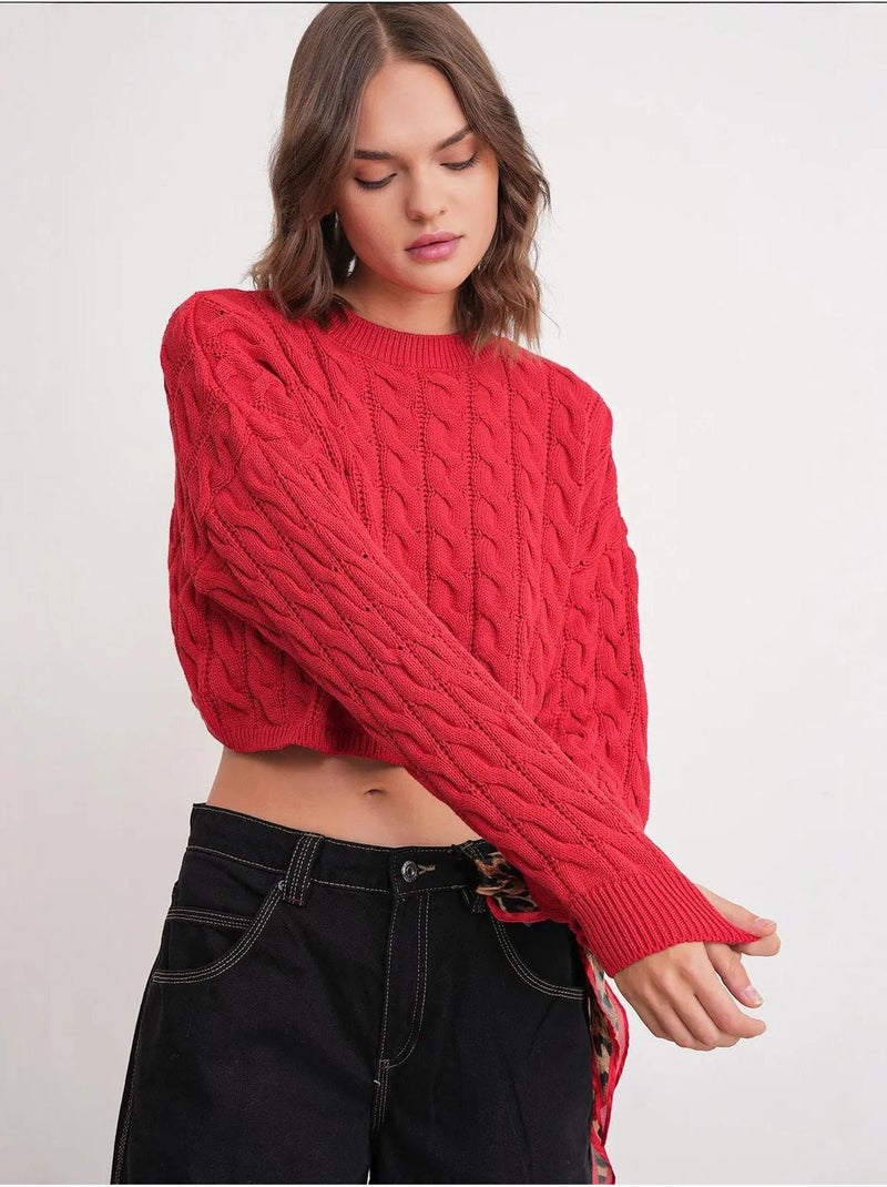 Camisola de malha com padrão de tranças e decote redondo mixray Vermelho - Kiabi