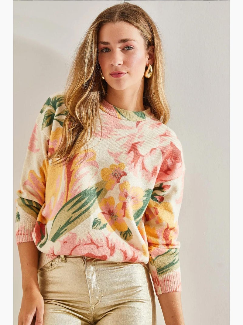 Camisola de malha com padrão e decote redondo lucci Creme - Kiabi