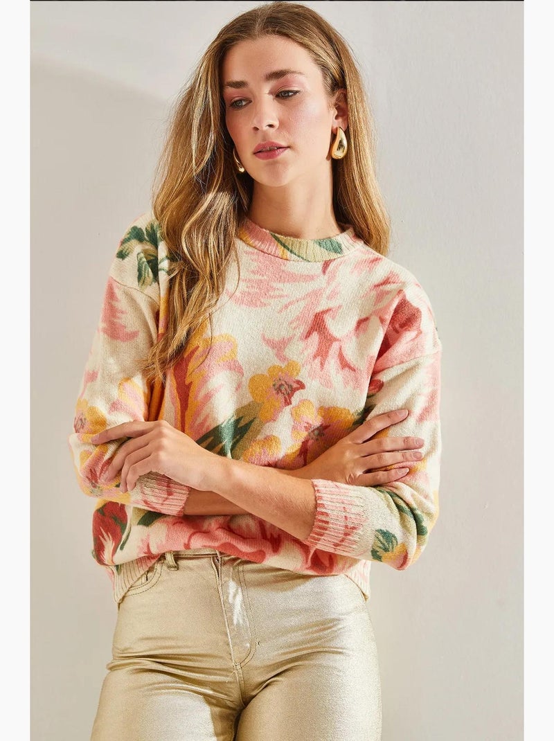 Camisola de malha com padrão e decote redondo lucci Creme - Kiabi