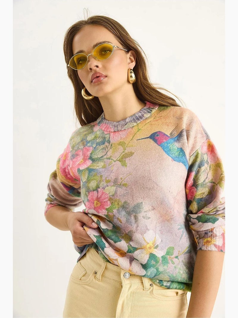 Camisola de malha com padrão e decote redondo lucci Rosa/Verde - Kiabi