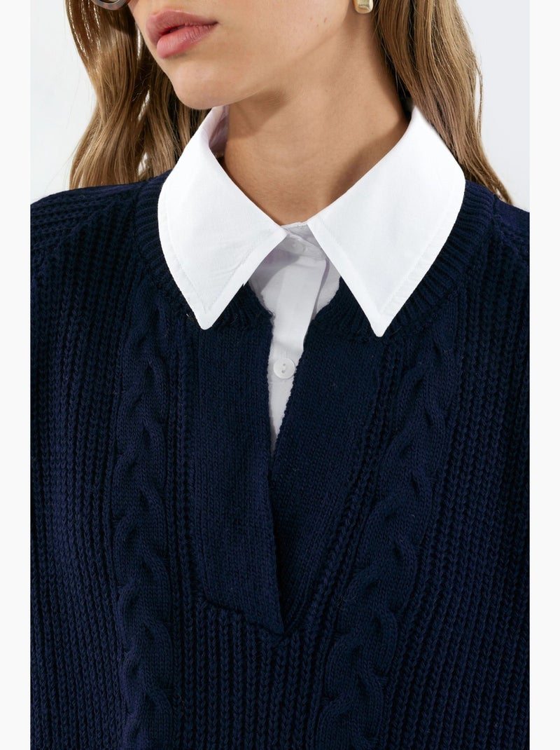 Camisola de malha com padrão e gola de camisa hiccup Azul-marinho - Kiabi