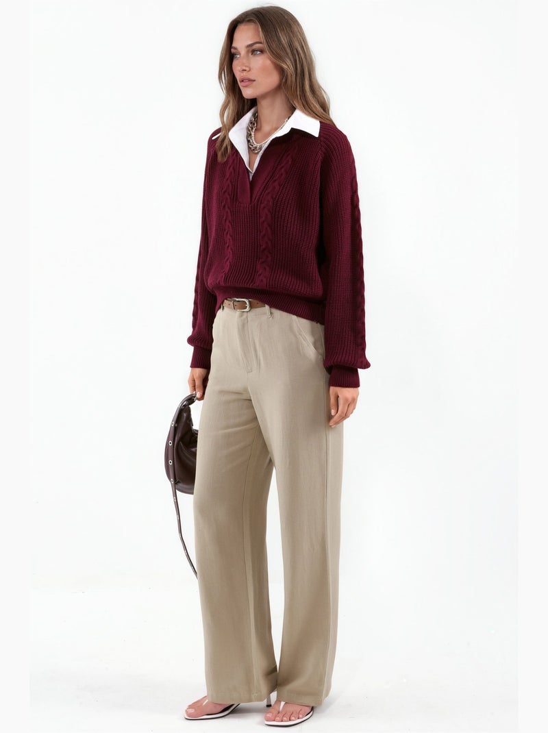 Camisola de malha com padrão e gola de camisa hiccup Vermelho bordô - Kiabi
